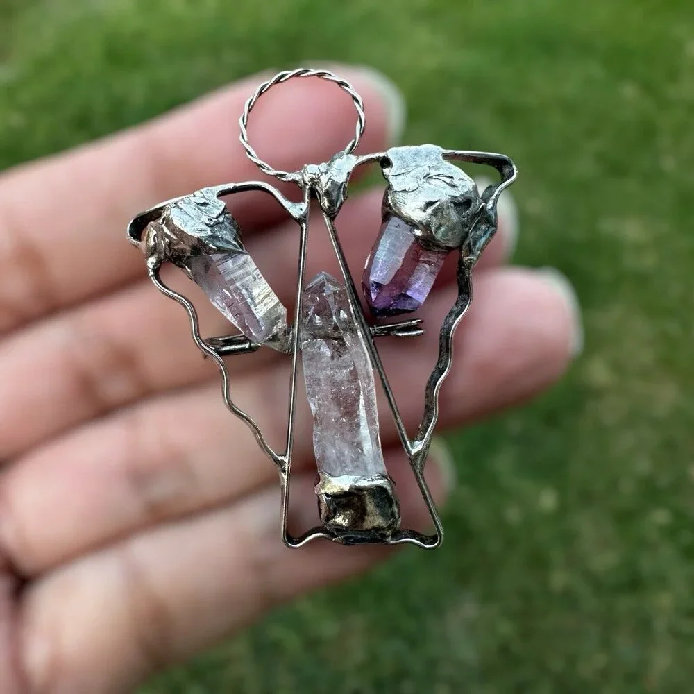 VTG Artisan Brooch Pin‎ Pendant 2 Inch Angel Halo Quartz Crystal Sterling 12.1g